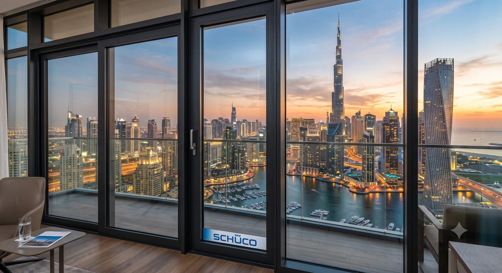 Panoramic windows overlooking the Dubai skyline at sunset