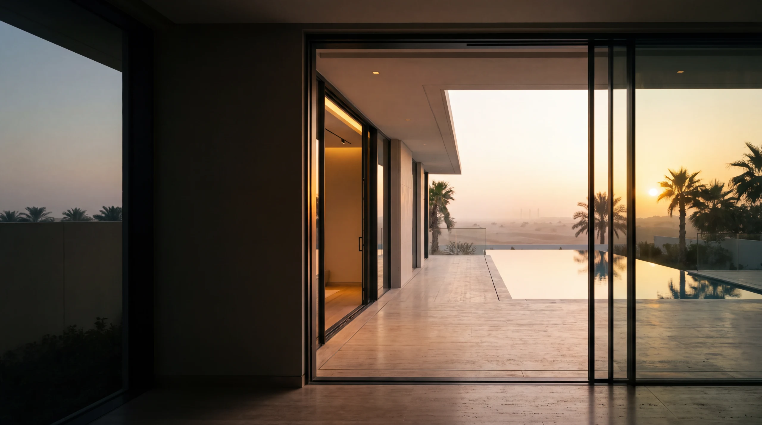 AI-generated architectural visualization: floor-to-ceiling sliding glass doors opening onto a travertine terrace and infinity pool in Dubai at golden hour