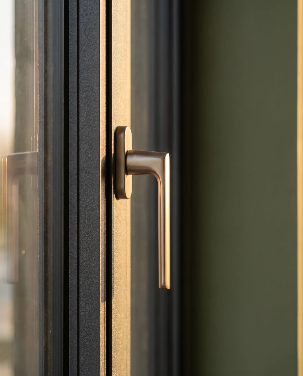 Slim champagne-bronze lever handle on an anthracite aluminium window in evening light (AI-generated)