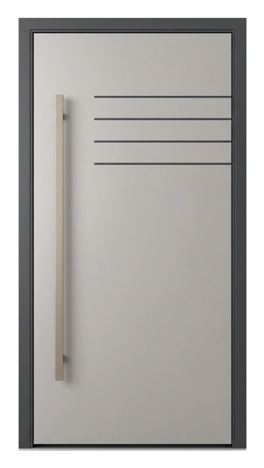 Light grey entrance door with horizontal grooves and a long champagne-bronze bar handle (AI-generated)