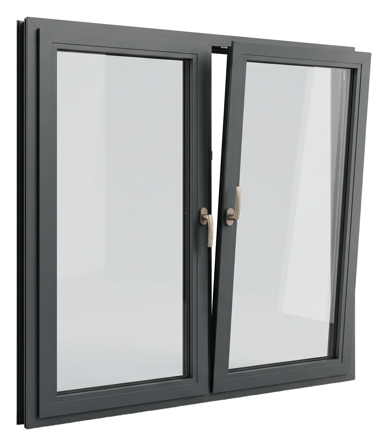 Two-sash aluminium window in anthracite with one sash in tilt position (AI-generated)