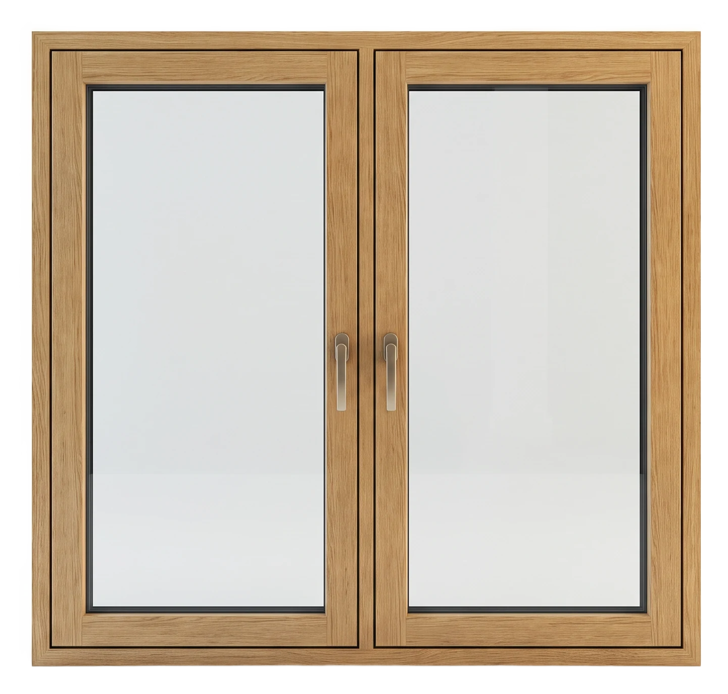 Two-sash tilt-and-turn window in an oak-effect finish with slim champagne-bronze handles (AI-generated)