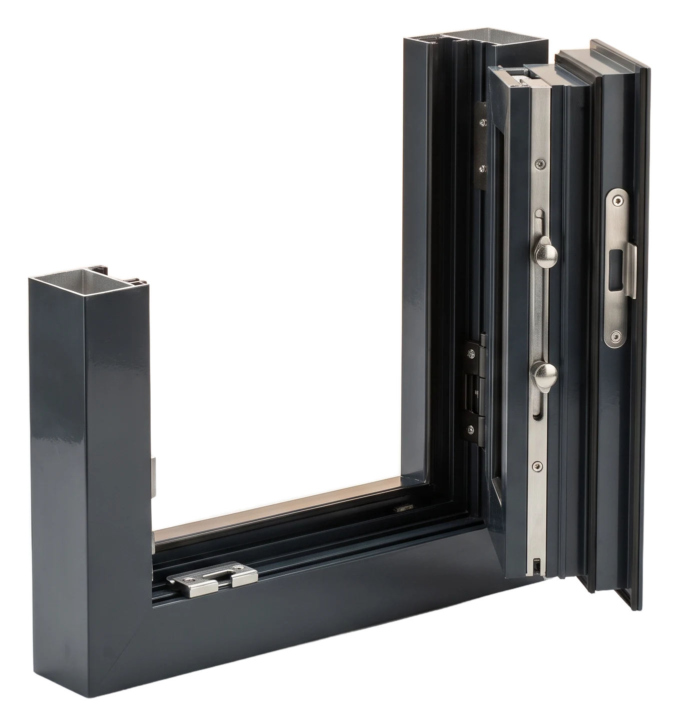 Concealed tilt-and-turn hardware at the sash rebate of an anthracite aluminium window profile with locking cams and striker plate (AI-generated)