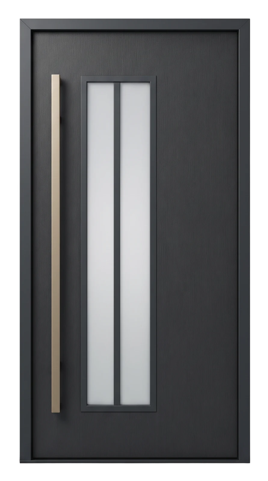 Anthracite entrance door with a narrow frosted glass insert and champagne-bronze bar handle (AI-generated)