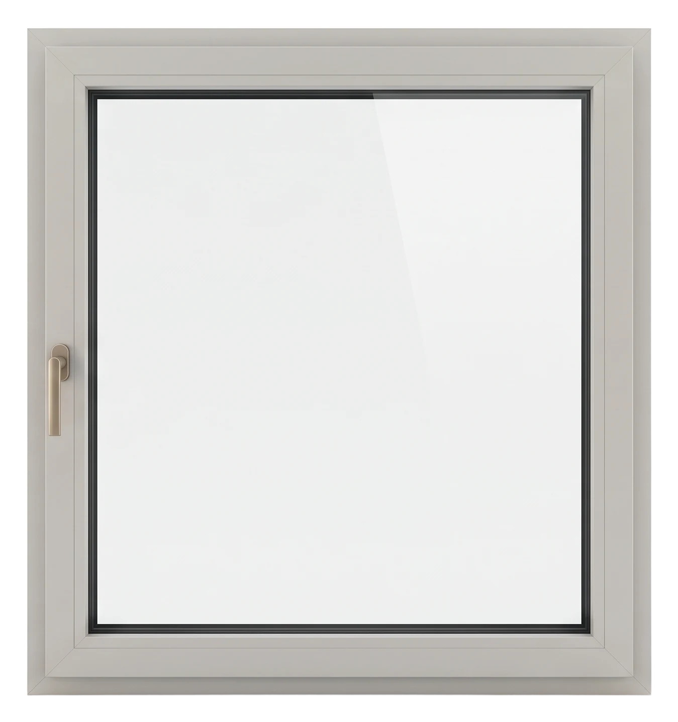Single-sash window with a slim light grey frame and champagne-bronze handle (AI-generated)