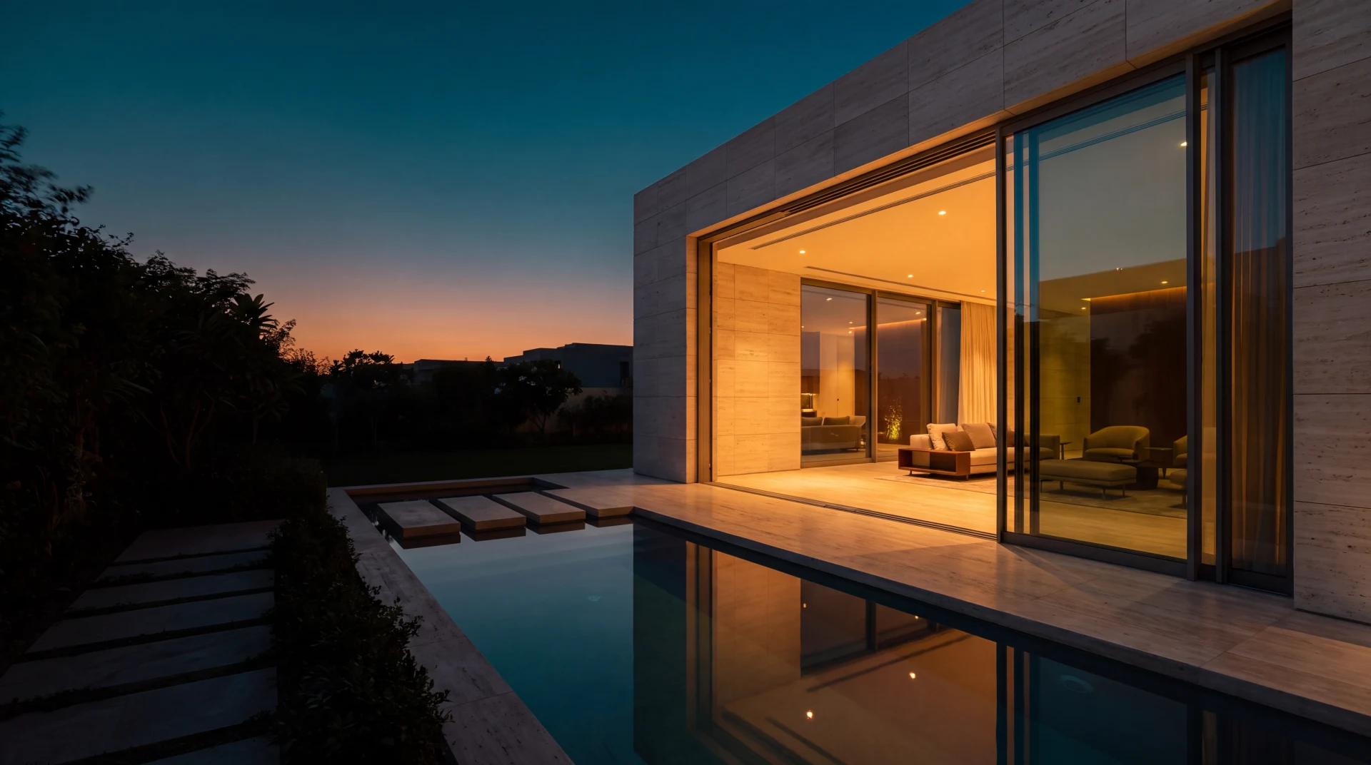 AI-generated visualization of a minimalist villa at dusk with a wall of slim-frame aluminium glazing and a reflecting pool