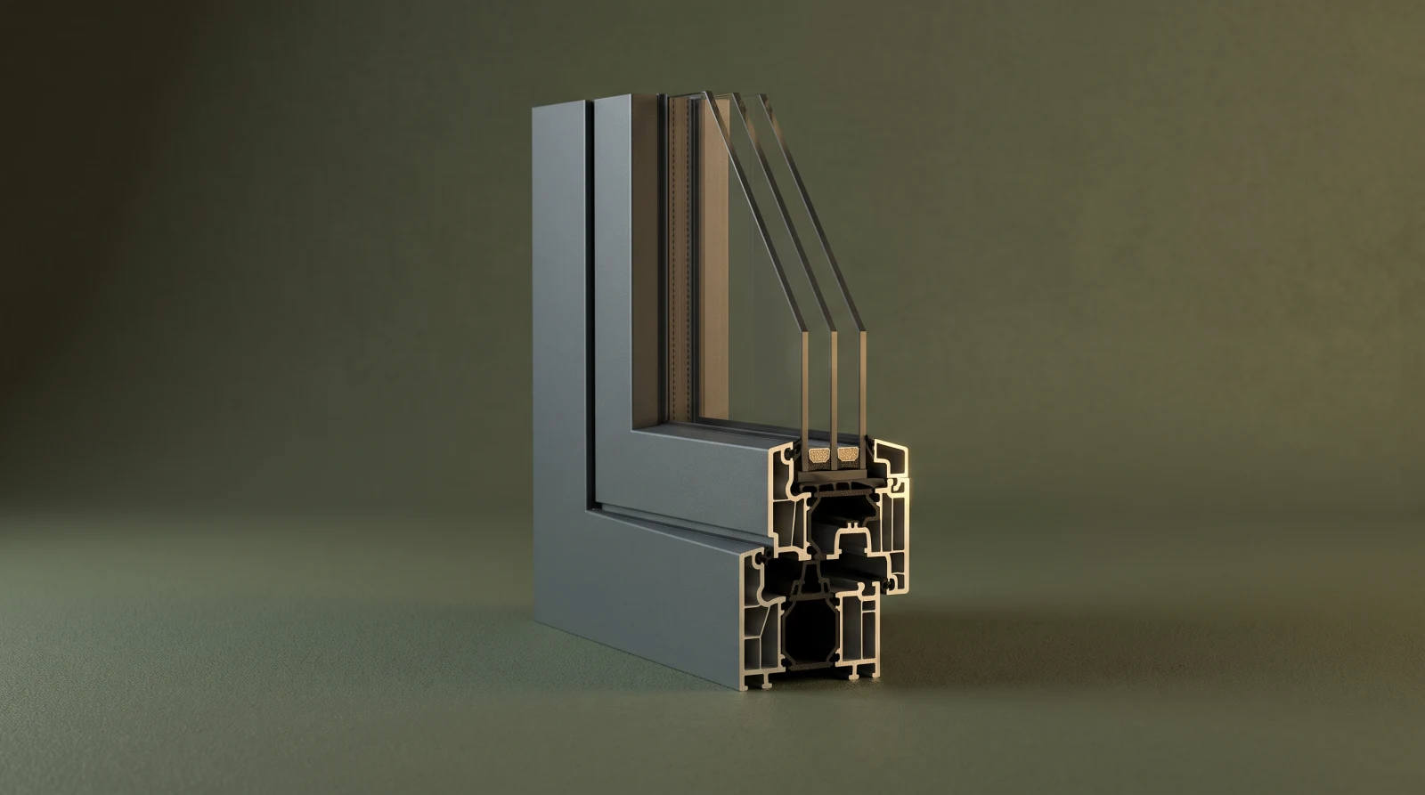 Cross-section of a premium aluminium window profile with thermal break and triple glazing (AI-generated)