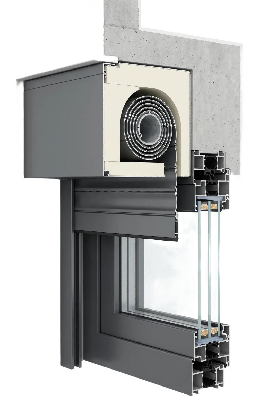Engineering cutaway of an insulated roller shutter box and the aluminium window system with triple glazing below (AI-generated)