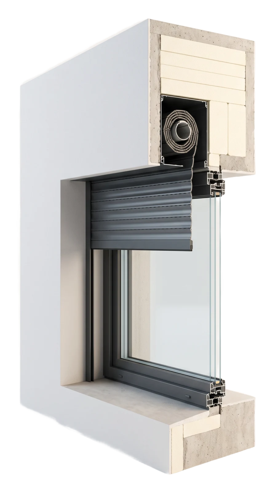 Cutaway of an insulated concealed roller shutter system with insulation layers around the box (AI-generated)