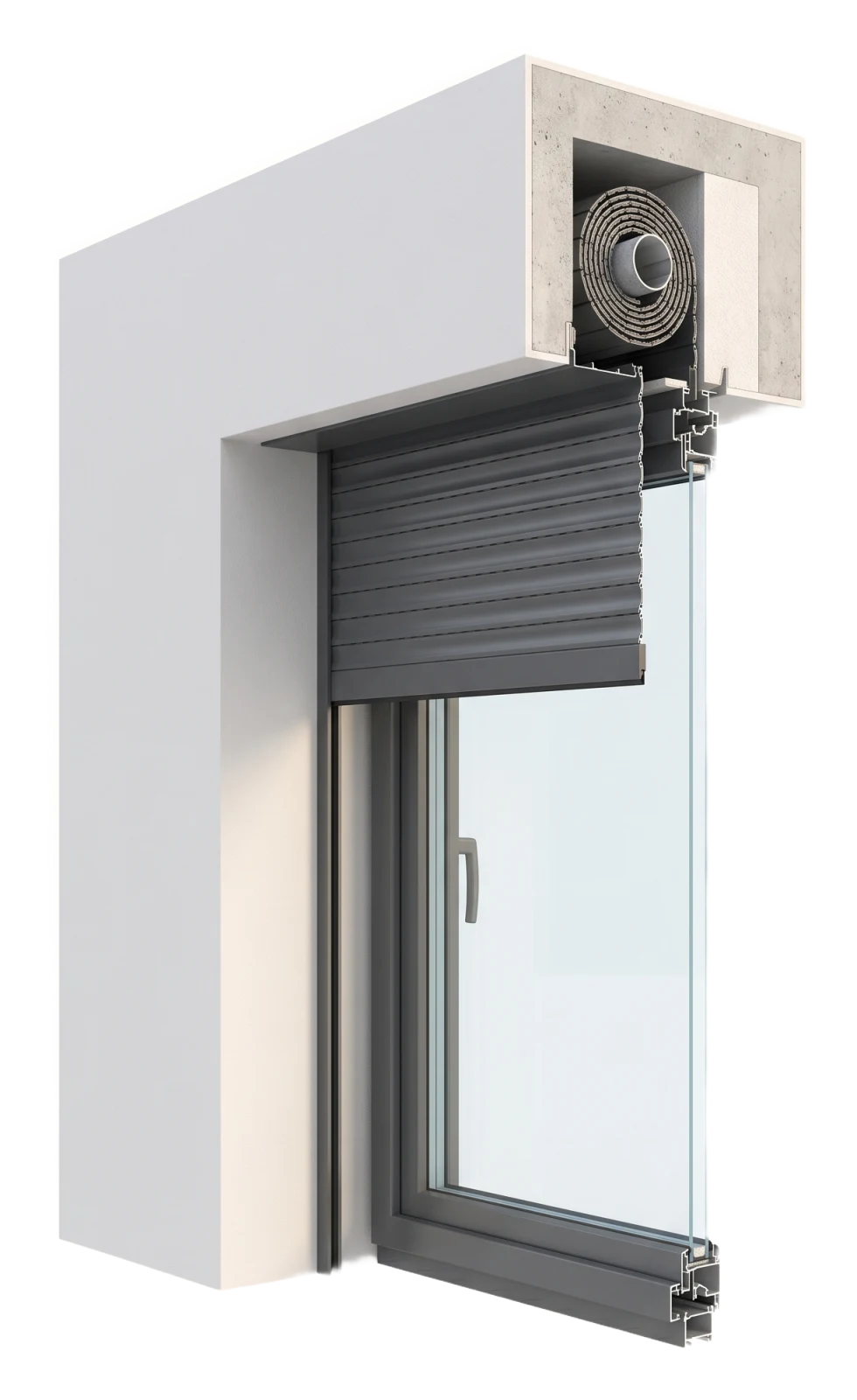 Cutaway of a concealed aluminium roller shutter integrated in the lintel above an anthracite window (AI-generated)