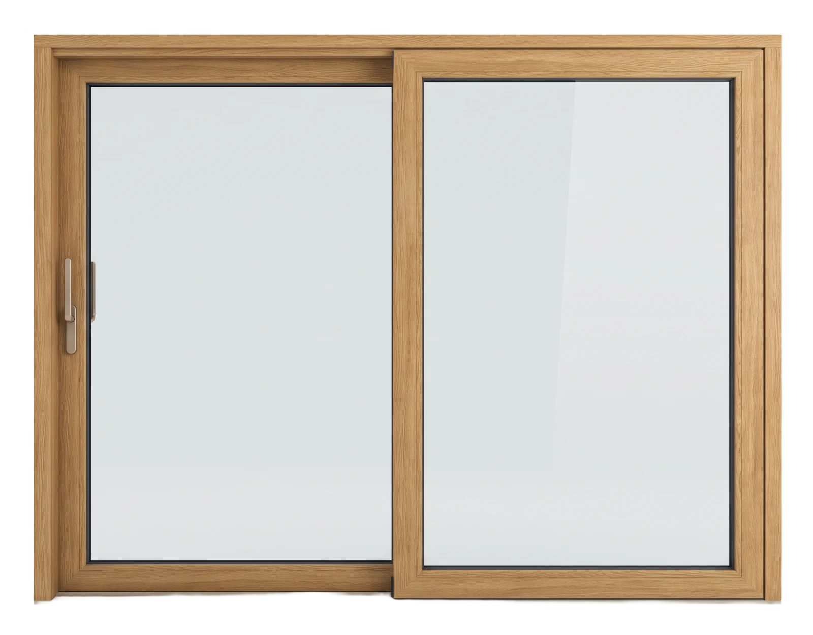 Two-panel lift-and-slide door in an oak-effect finish, sliding panel partly open (AI-generated)